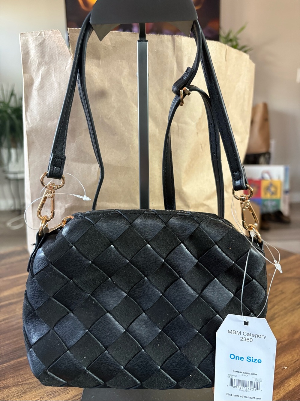 No Boundaries Black Woven Crossbody Bag with Gold Hardware